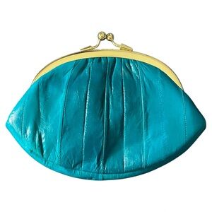 VTG Unused Turquoise Lee Sands Eel Skin Wallet Change Dbl KissLock Compartments